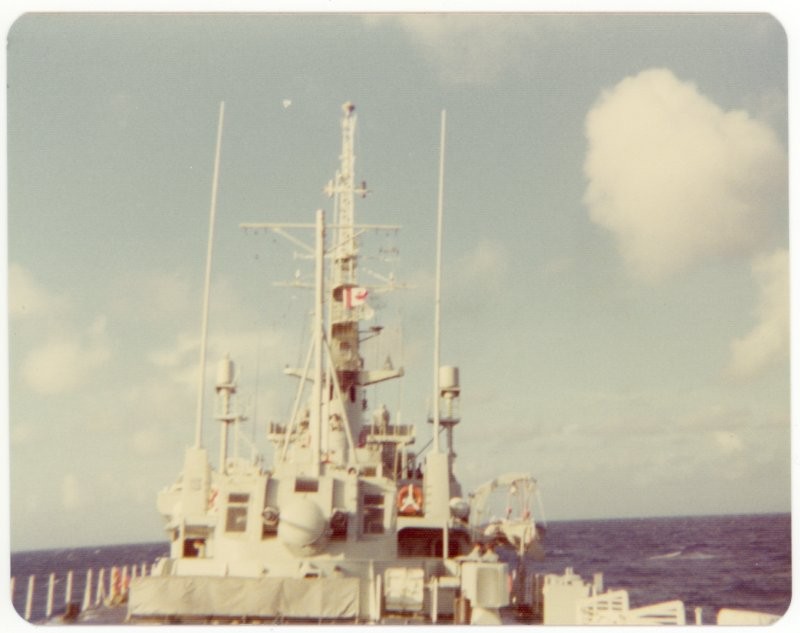 3" 50 cal. Twin AA gun turret, HMCS Mackenzie, Pacific Ocean, 1975.