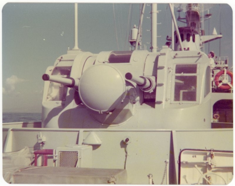 3" 50 cal. Twin AA gun turret, HMCS Mackenzie, Pacific Ocean, 1975.