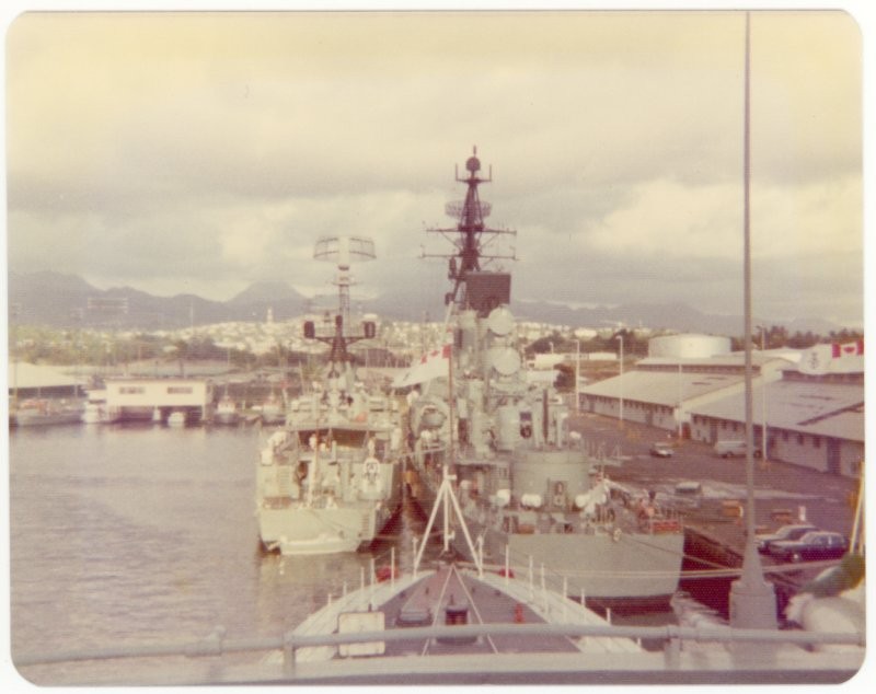 NZ and Aussie warships from flying bridge of HMCS Mackenzie, Ex RIMPAC 75, Pearl Harbor, 1975.