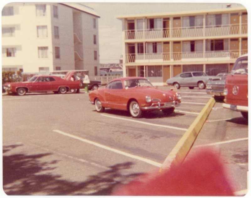 Volkswagen Karmann Ghia, behind Royal Scot Motel, Victoria BC, 1975.