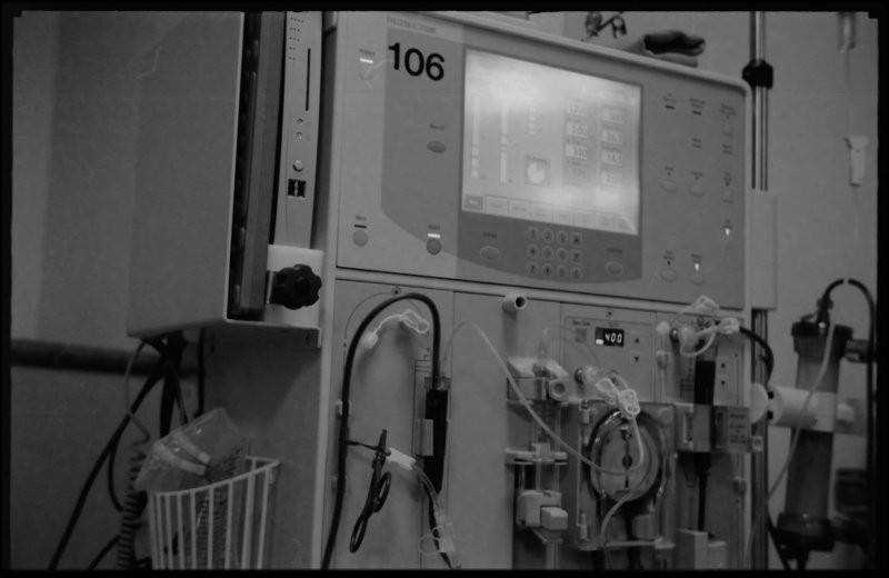 My dialysis machine during a treatment. That's my blood in the dark tubing.